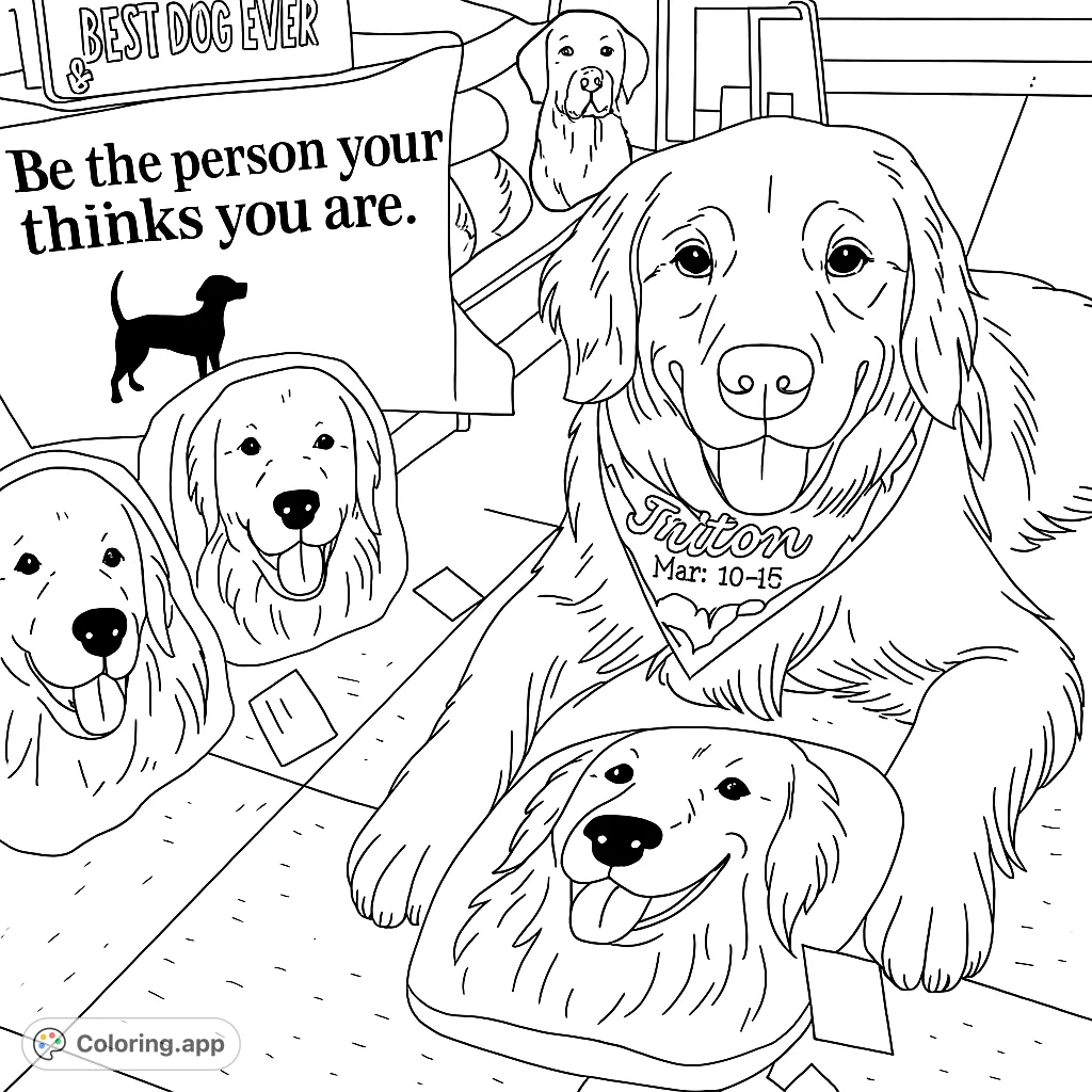 A happy Golden Retriever with dog-themed pillows, perfect for a fun dog coloring page. Capture its friendly expression and playful surroundings!
