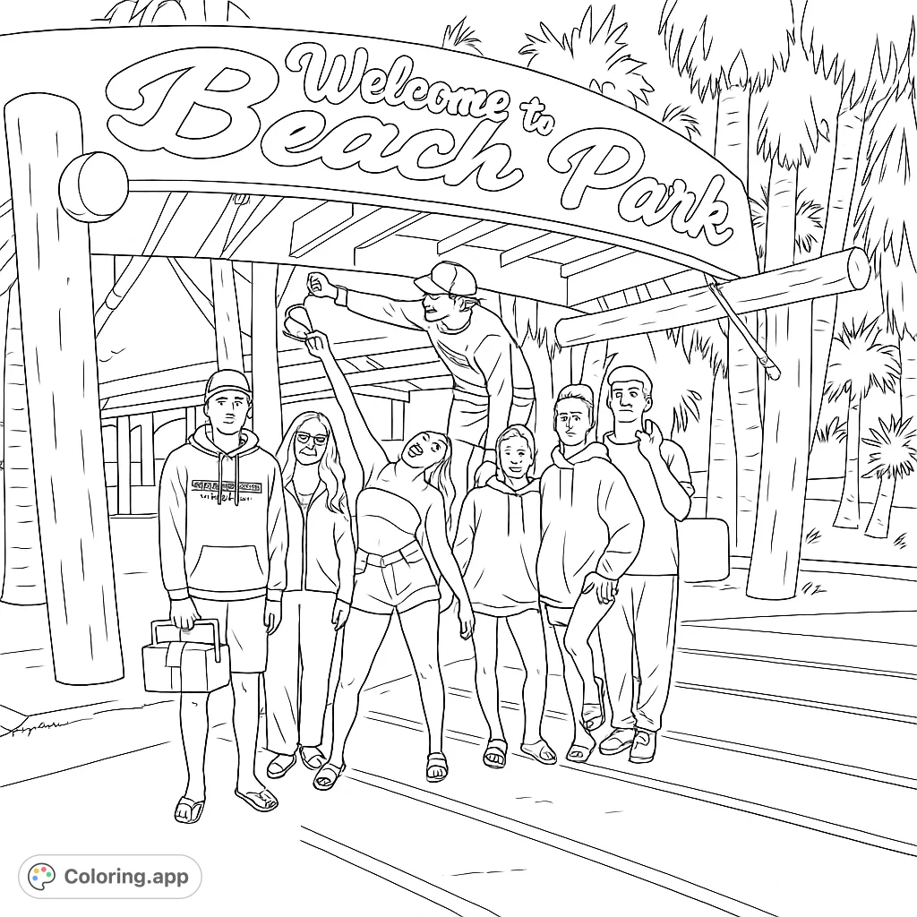 A lively beach park scene featuring friends under a unique boat-shaped sign, surrounded by palm trees. Perfect for a fun summer coloring page.