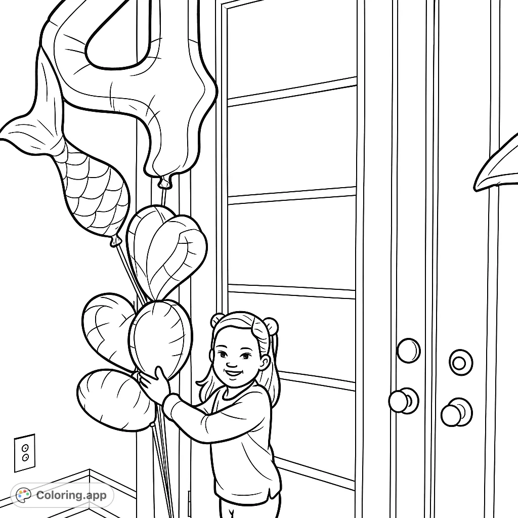 A joyful girl holds a festive cluster of balloons, including a number 4 and mermaid tail, perfect for a birthday celebration coloring page.