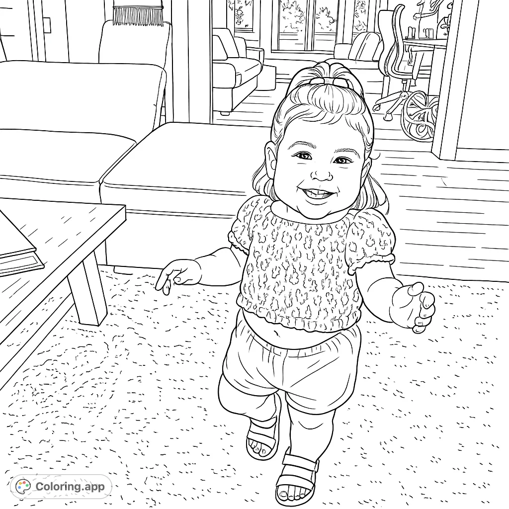 Capture the joy of a smiling toddler in a cozy living room. Features a happy child, detailed rug, and inviting home decor.