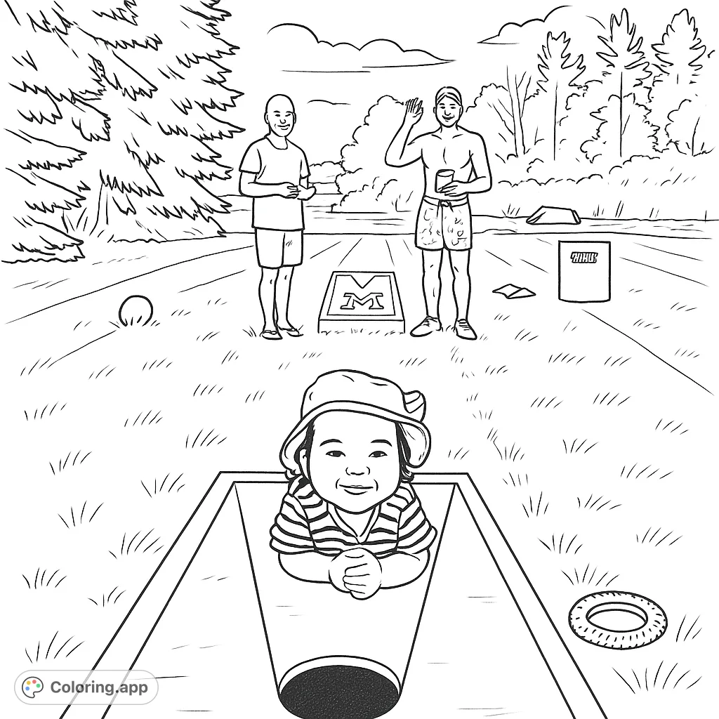 An adorable toddler on a cornhole board, with adults playing in the background. A fun family outdoor game scene perfect for all ages.