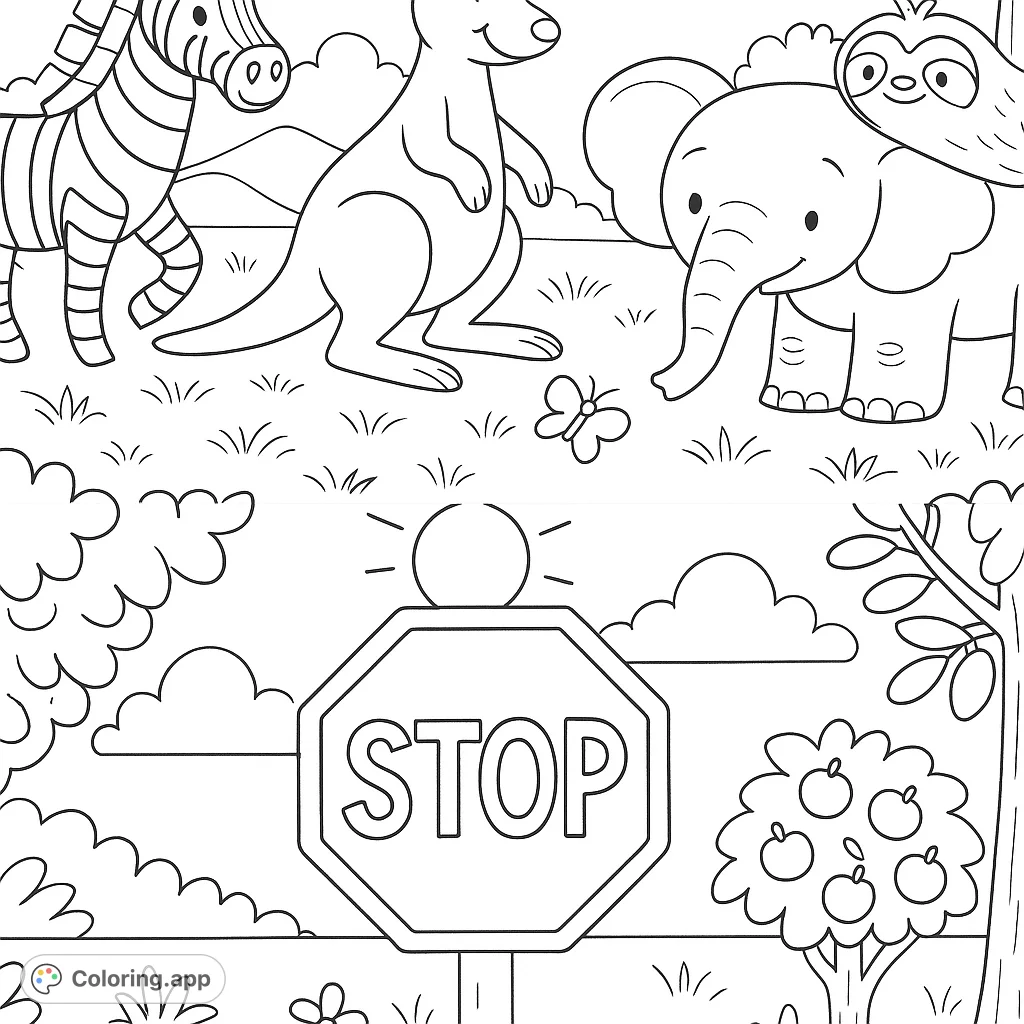 A fun animals and road safety coloring page featuring a zebra, kangaroo, elephant, and sloth, with a prominent stop sign and nature elements.