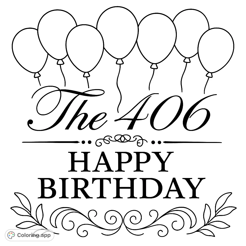 An elegant birthday coloring page featuring ornate script, decorative line art, and festive balloons, perfect for celebrating special occasions.