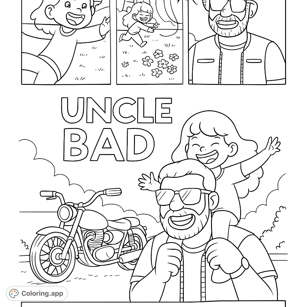 A heartwarming family bonding coloring page featuring a cool uncle and his happy niece, enjoying various outdoor activities and a classic motorcycle.