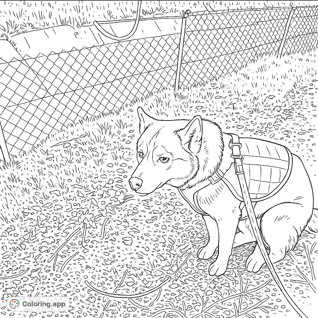 A majestic husky in a tactical vest, poised by a canal. Perfect for dog lovers to color with intricate fur and background details.