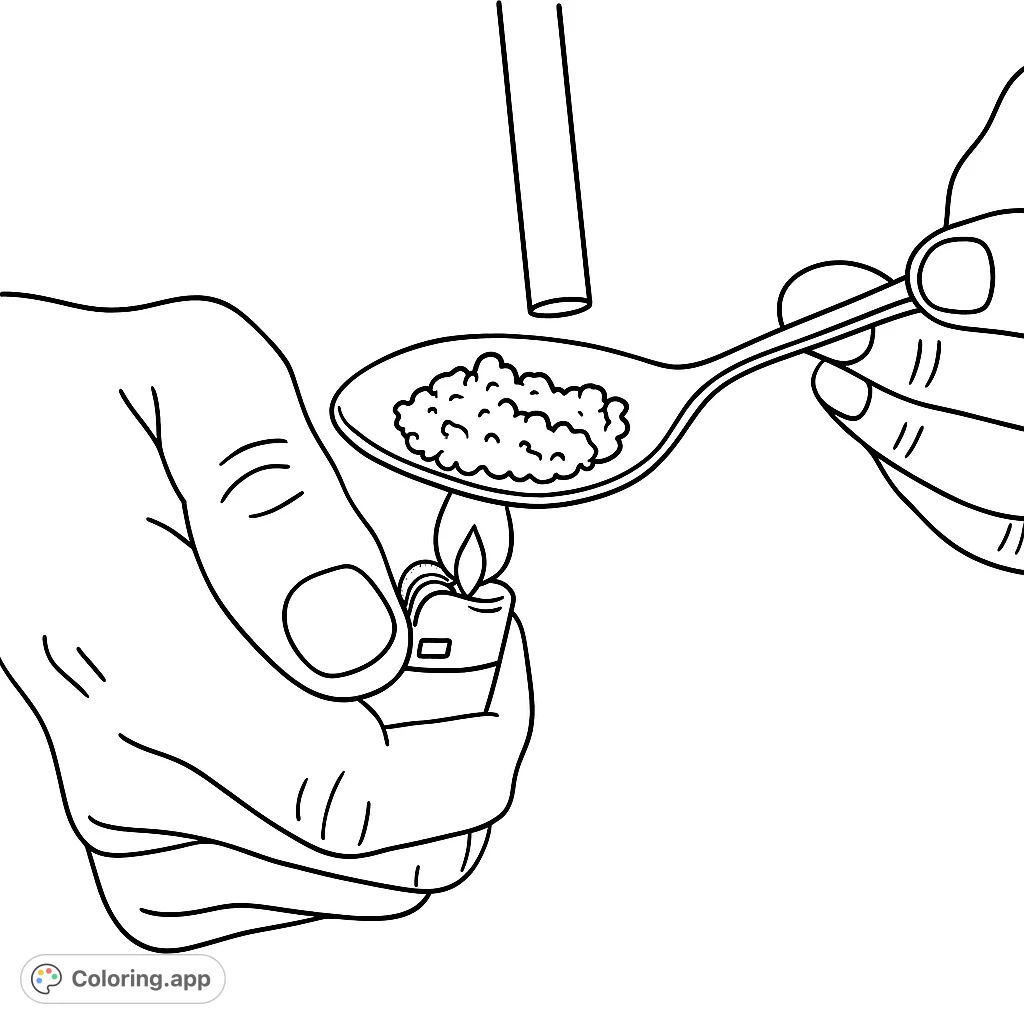 Explore a detailed close-up of hands interacting with a spoon, lighter, and cylindrical object. A unique study in form and action for creative coloring.