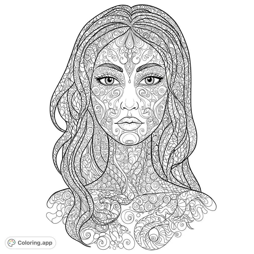 Dive into intricate patterns with this abstract zentangle portrait. A detailed face composed of mesmerizing designs, perfect for mindful coloring.