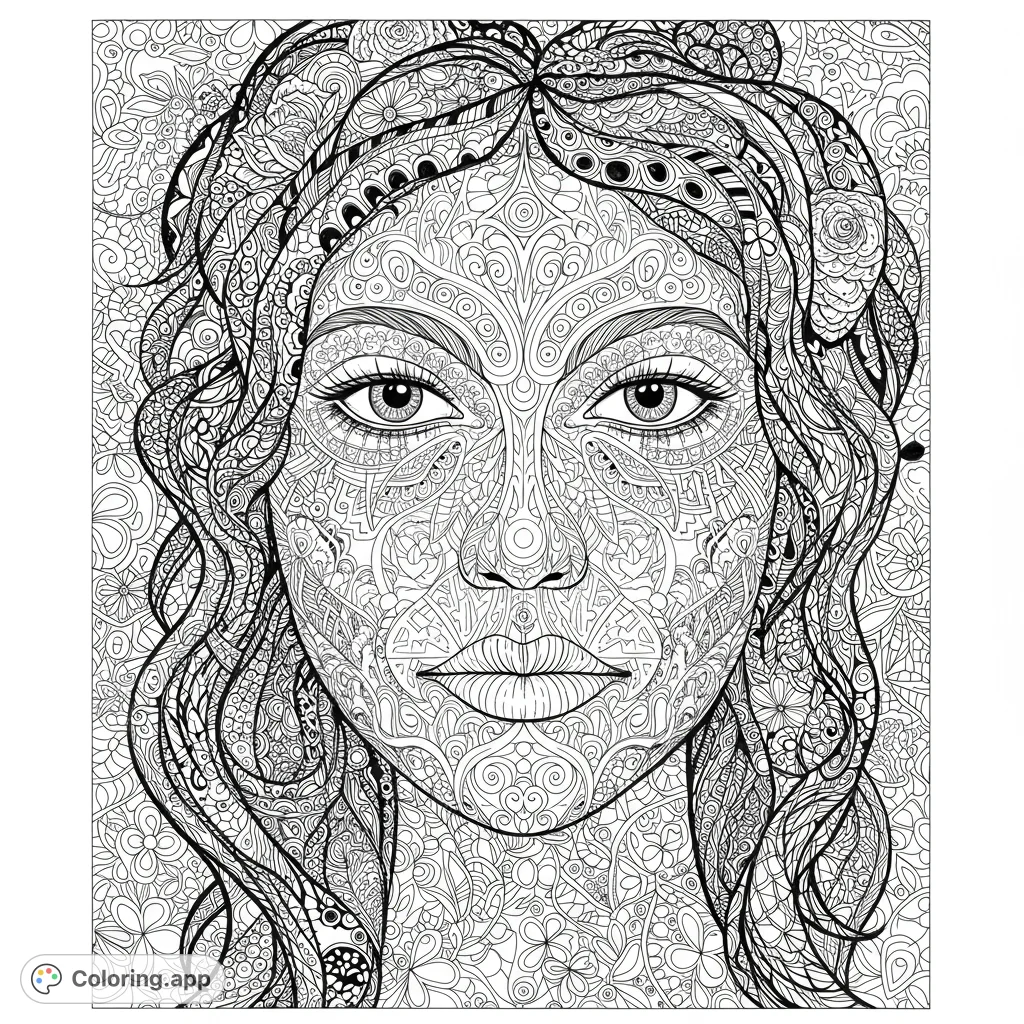 Detailed Zentangle portrait coloring page featuring intricate patterns forming a human face. Perfect for mindfulness and creative expression.