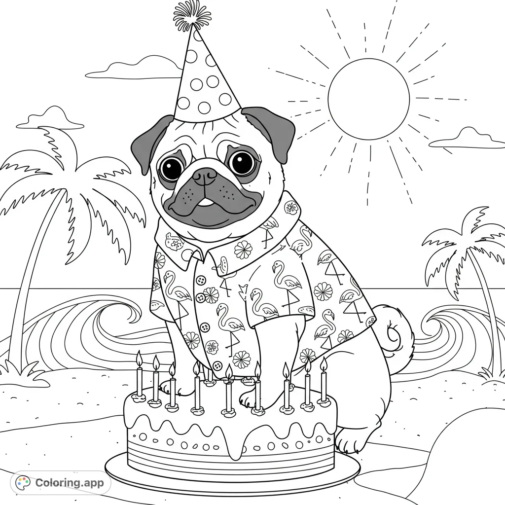 A festive pug in a birthday hat and flamingo shirt atop a cake, set against a vibrant Florida backdrop. Perfect for a fun, detailed coloring experience.