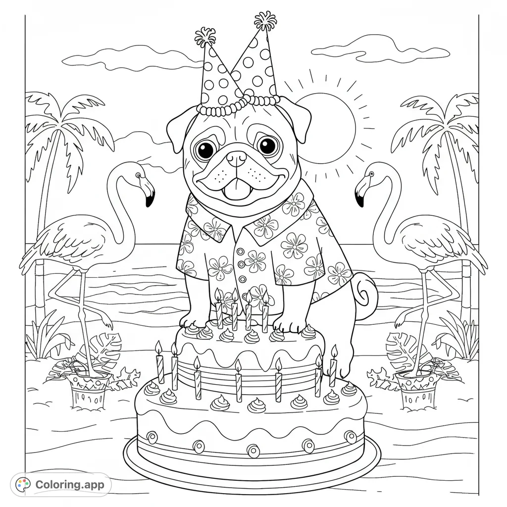 Celebrate with a large pug in a birthday hat and flamingo shirt, perched on a cake with real flamingos! A fun, free printable pug coloring page with a Florida theme.