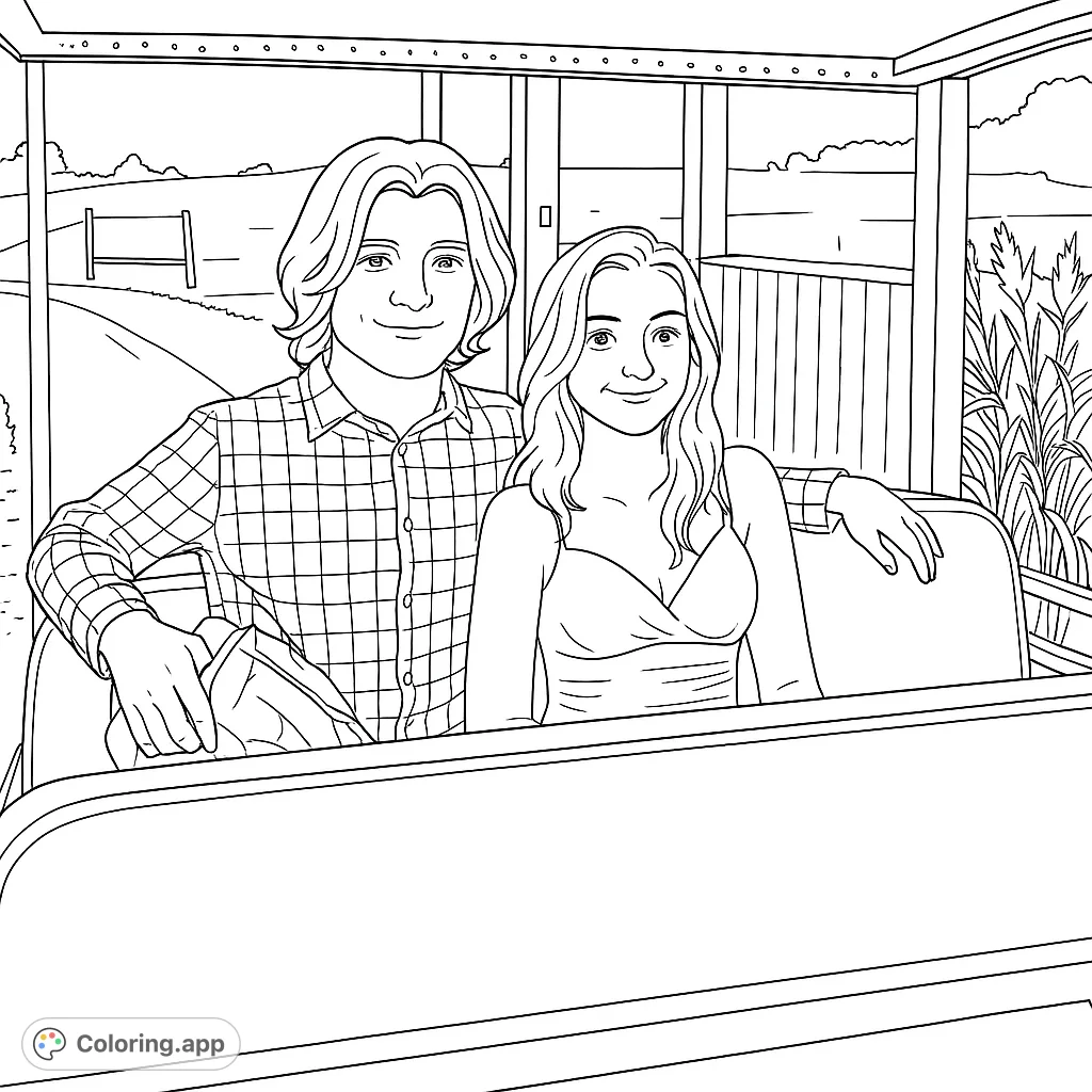 A charming countryside ride featuring a smiling young man and woman in an open-air vehicle, set against a scenic rural landscape.