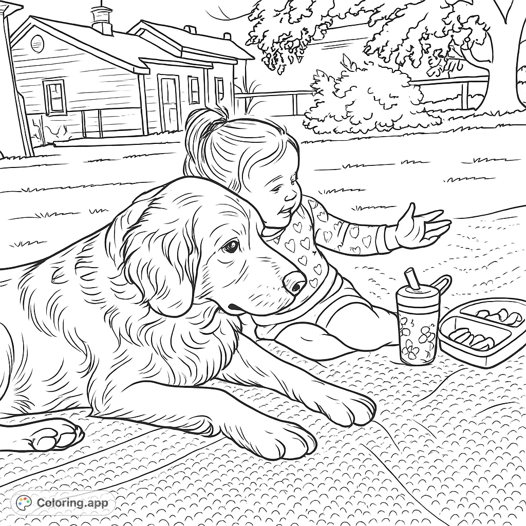 A heartwarming friendship coloring page featuring a child and a golden retriever on a textured blanket, perfect for kids and adults.