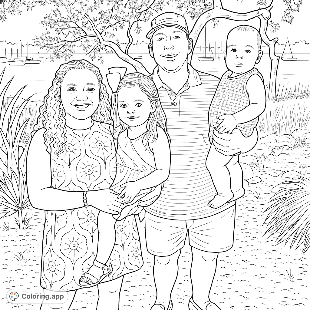 A heartwarming family portrait featuring a mother, father, and two children by the water, perfect for a detailed and personal coloring experience.