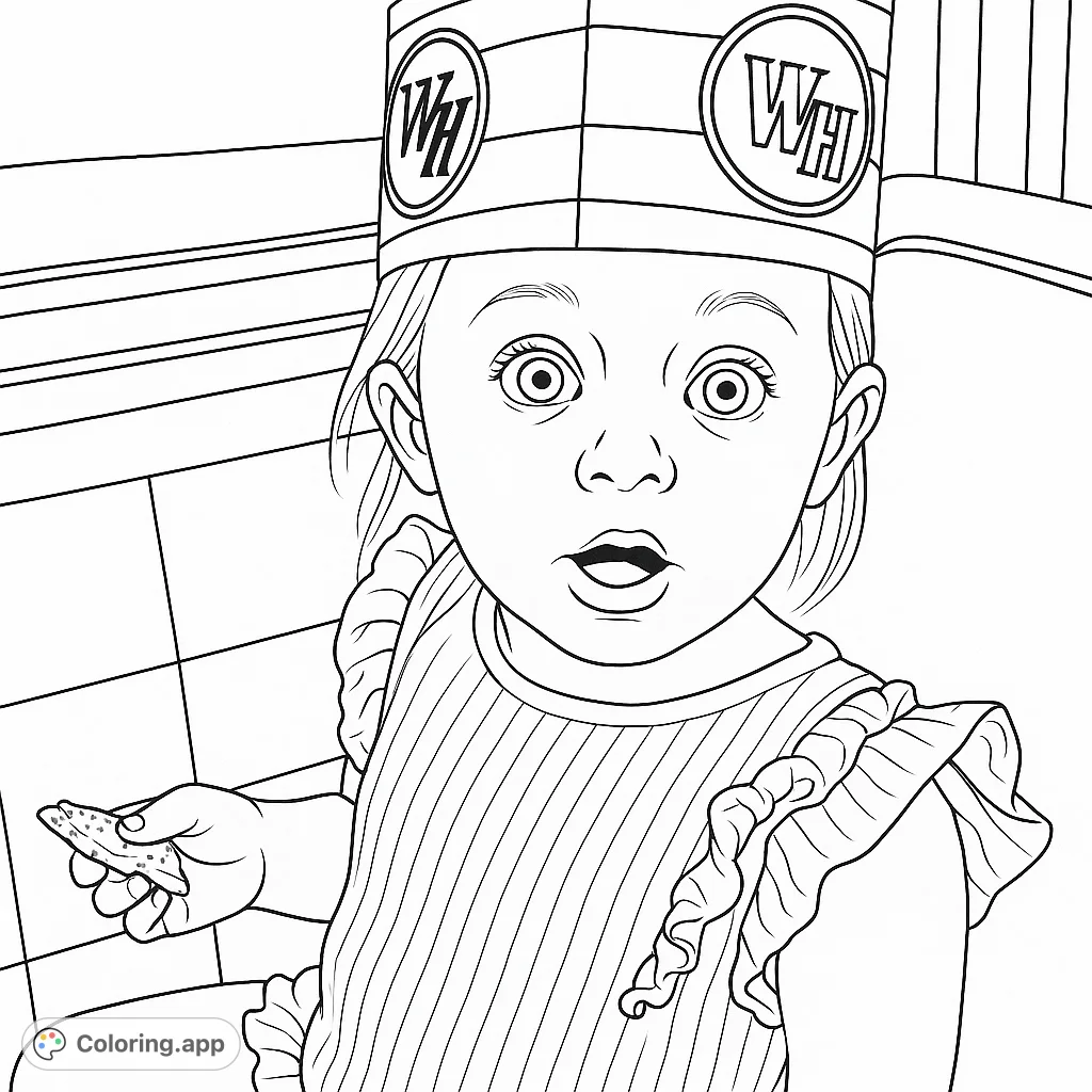 A delightful child in a unique paper hat, holding a snack, with a surprised expression. Perfect for a fun and engaging coloring experience!