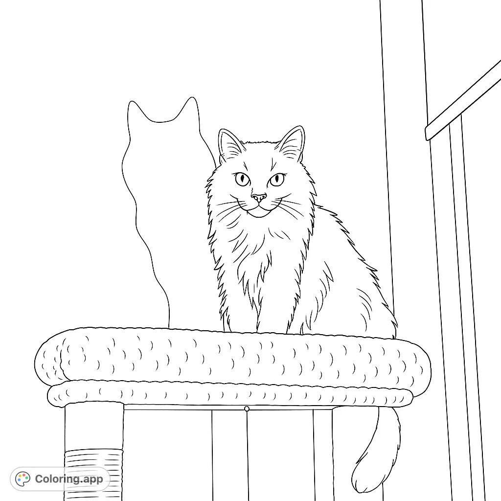 A fluffy black cat sits regally on a textured cat tree perch, with bright, watchful eyes. Perfect for pet lovers and all ages!