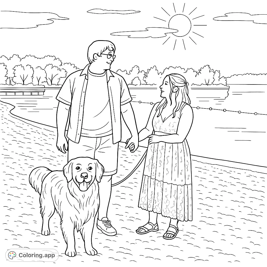 A heartwarming scene of a couple and their golden retriever on a sandy beach by a lake at sunset, perfect for a relaxing coloring experience.