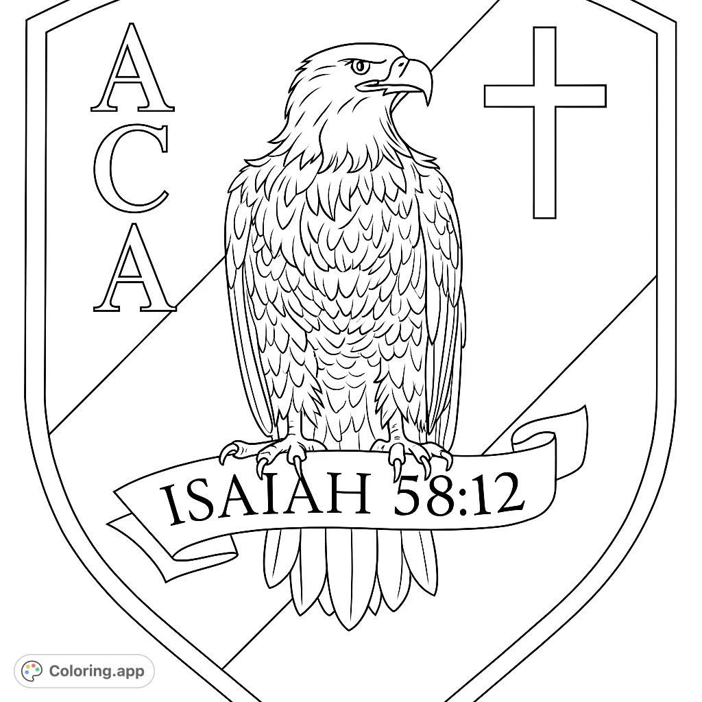 A powerful eagle emblem coloring page featuring a majestic eagle on a shield with a cross and banner, perfect for patriotic and school themes.