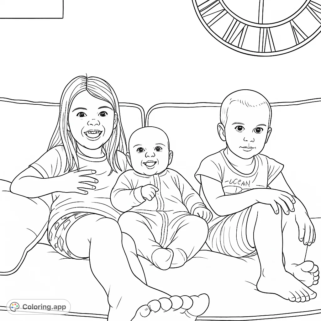 A heartwarming family coloring page featuring three happy siblings, including a baby, smiling together on a cozy couch. Perfect for all ages.