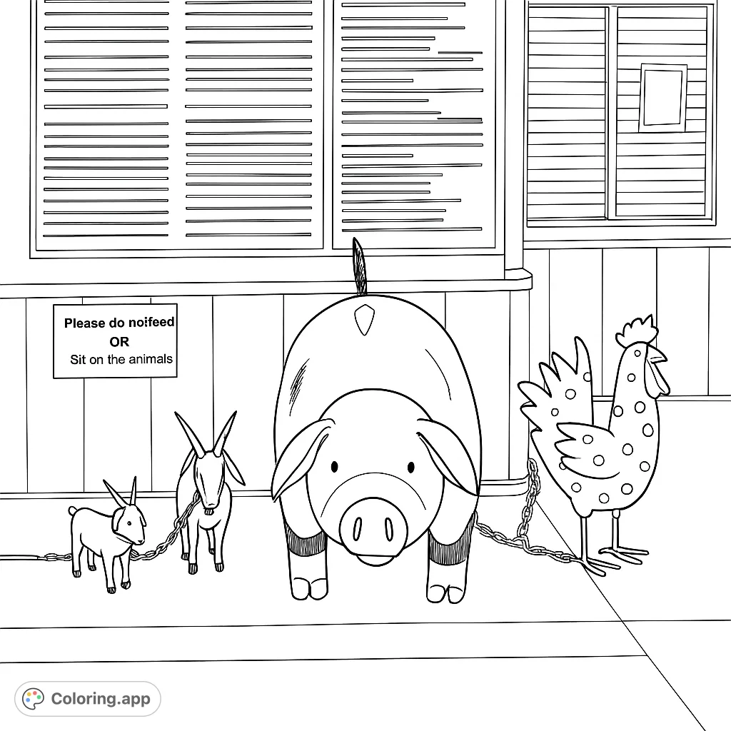 A charming lineup of a pig, two goats, and a rooster statue, perfect for a fun farm animal coloring page.