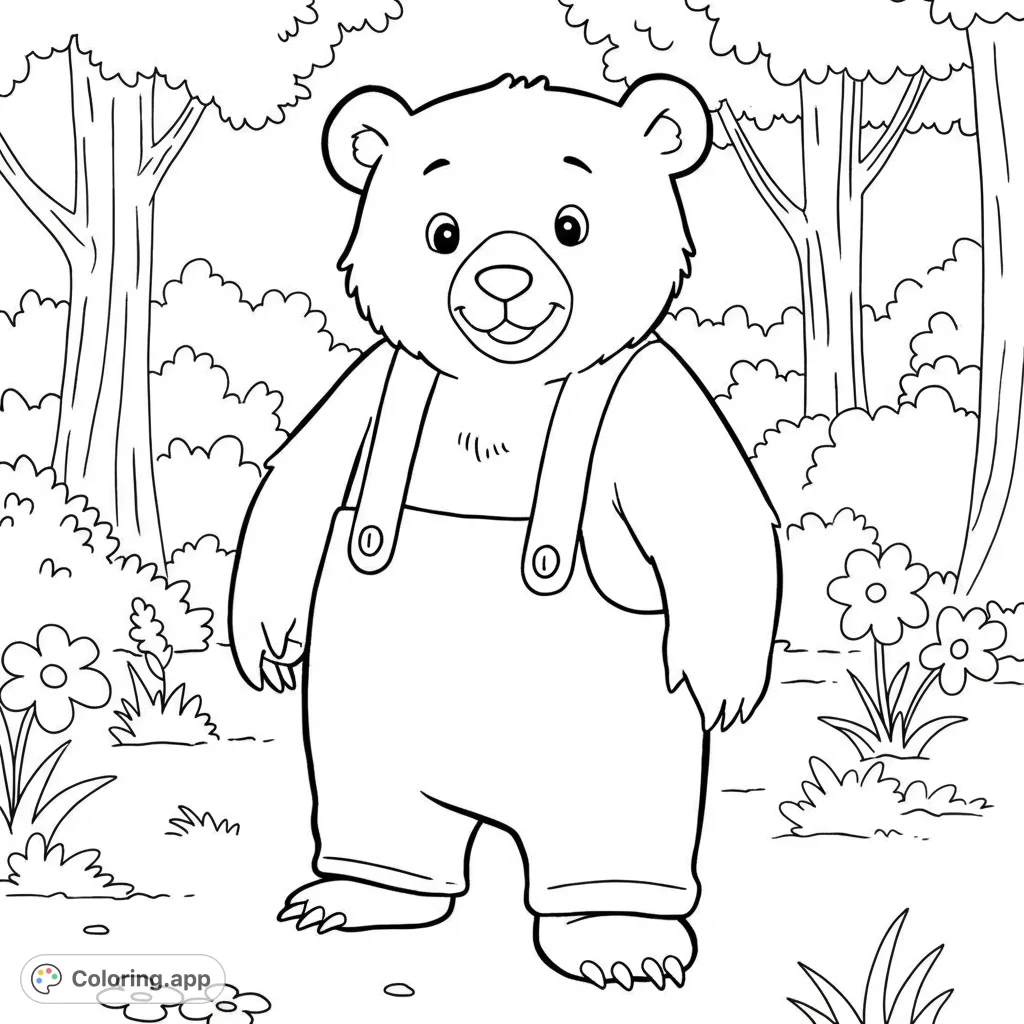 A delightful Little Bear coloring page featuring the beloved cartoon character in a charming forest setting, perfect for young fans and creative coloring.