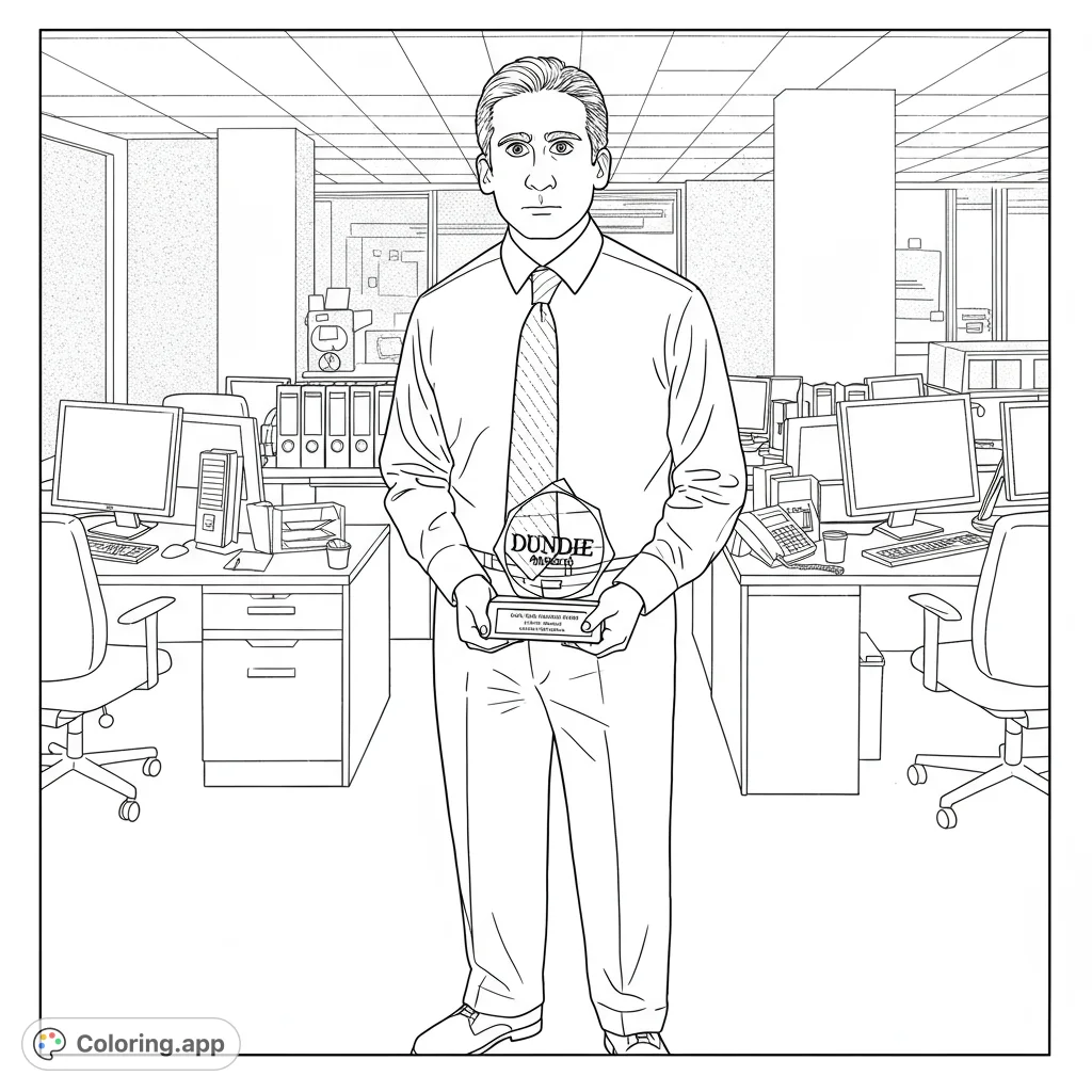 Color Michael Scott confidently holding his Dundie Award in the iconic Dunder Mifflin office. A fun, free printable coloring page for fans!