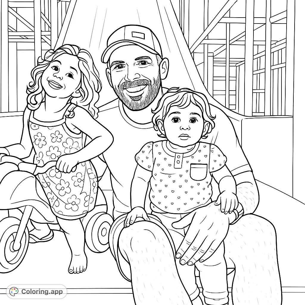 A joyful family moment at an indoor play area, featuring a father and his two daughters on a slide, ready for a fun coloring adventure.