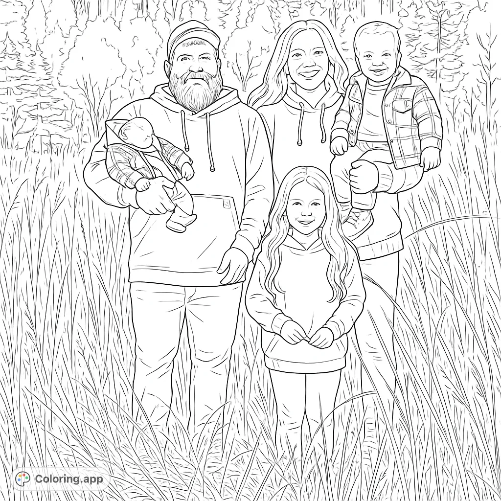 A heartwarming family portrait in an autumn field, featuring parents and three children amidst tall grass and vibrant fall foliage. Perfect for all ages.