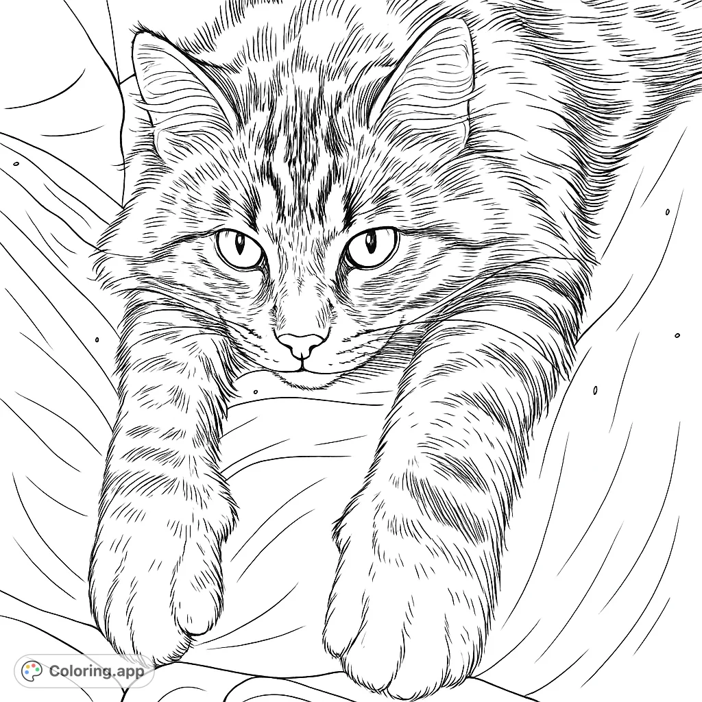 A charming fluffy tabby cat resting with outstretched paws, featuring intricate fur patterns and expressive eyes, perfect for detailed coloring.