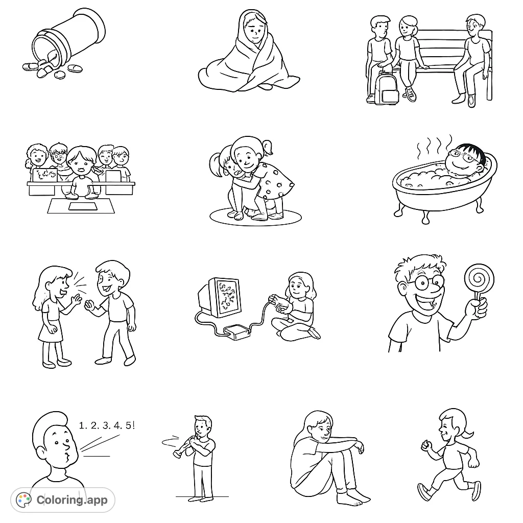 Explore a diverse collection of everyday scenes, from playful moments to quiet reflections. Perfect for all ages to color and connect with human experiences.