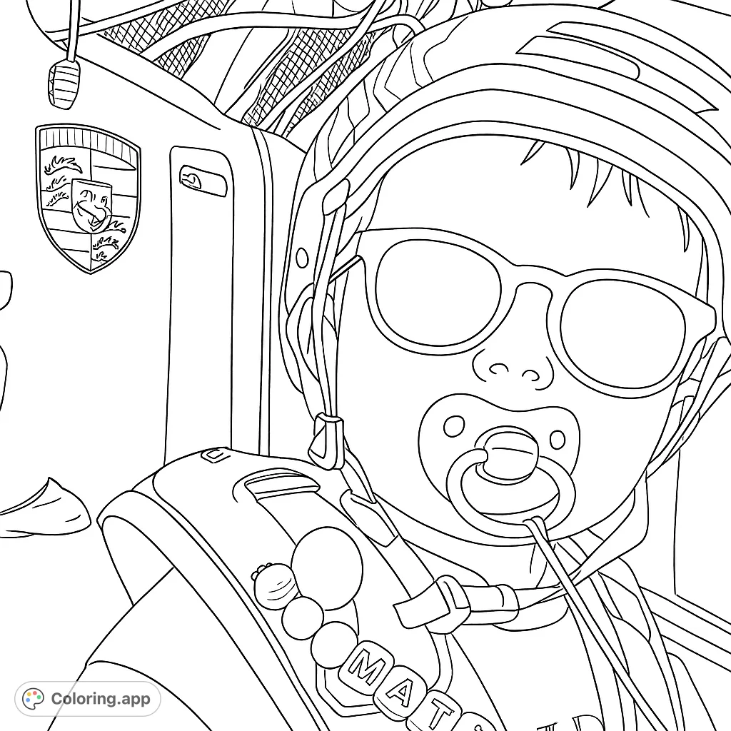 A cute toddler in a bike seat, wearing a helmet and cool sunglasses, with a pacifier and a personalized bead chain. Perfect for young adventurers!