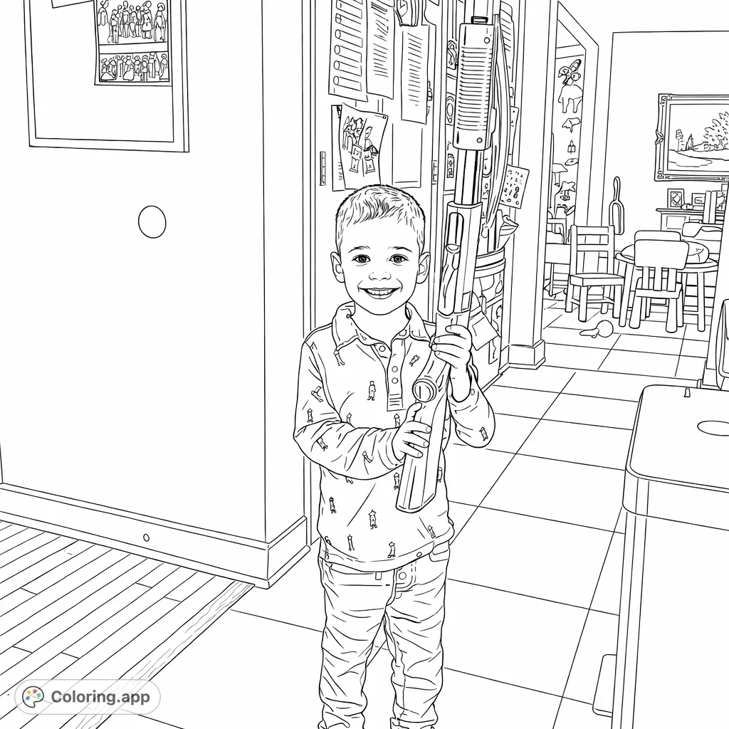A cheerful child holds a toy firearm, ready for imaginative play, in a cozy indoor setting. A fun and engaging page for young enthusiasts.
