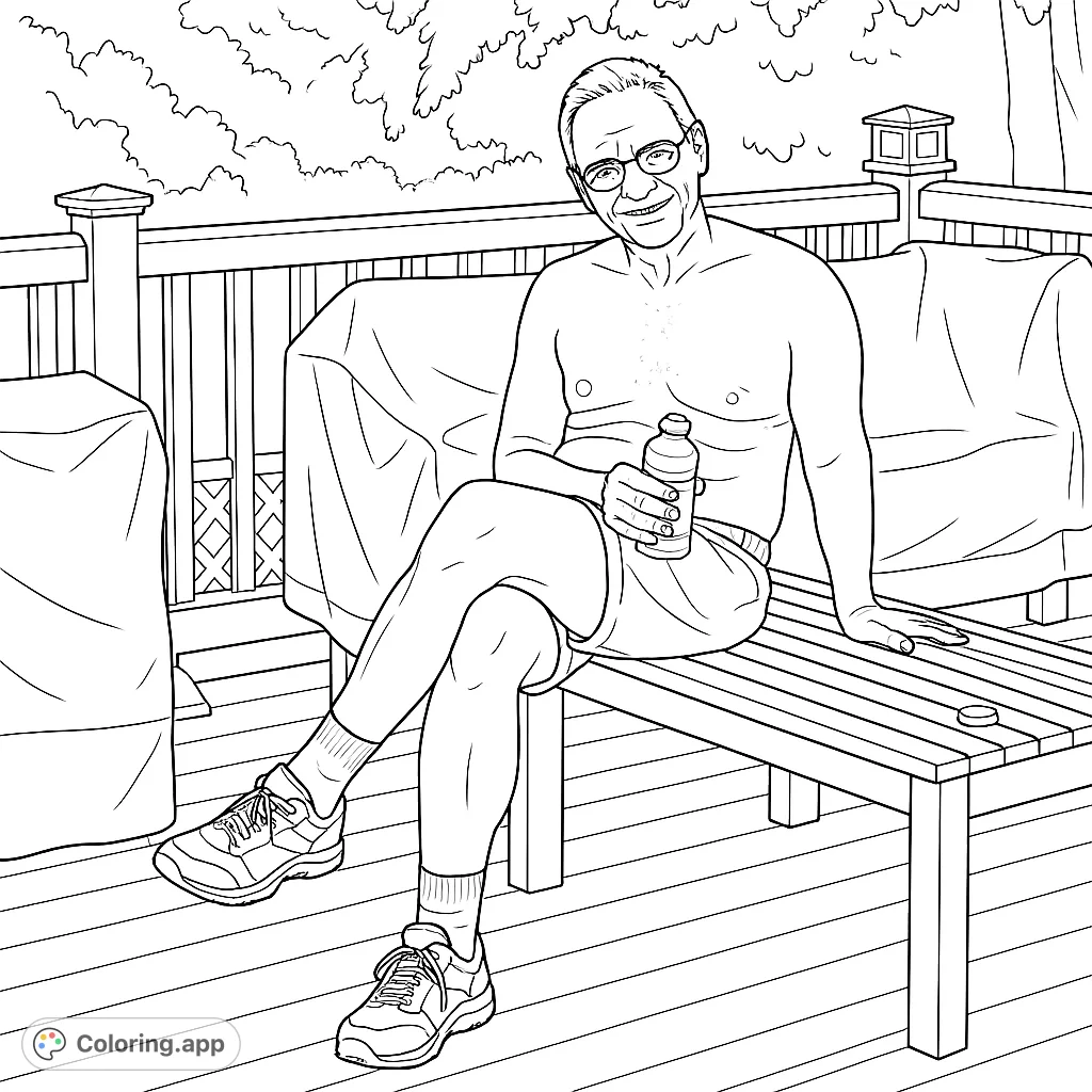 A man relaxes shirtless on a deck bench, holding a bottle, with a railing and foliage backdrop. Perfect for a peaceful coloring escape.
