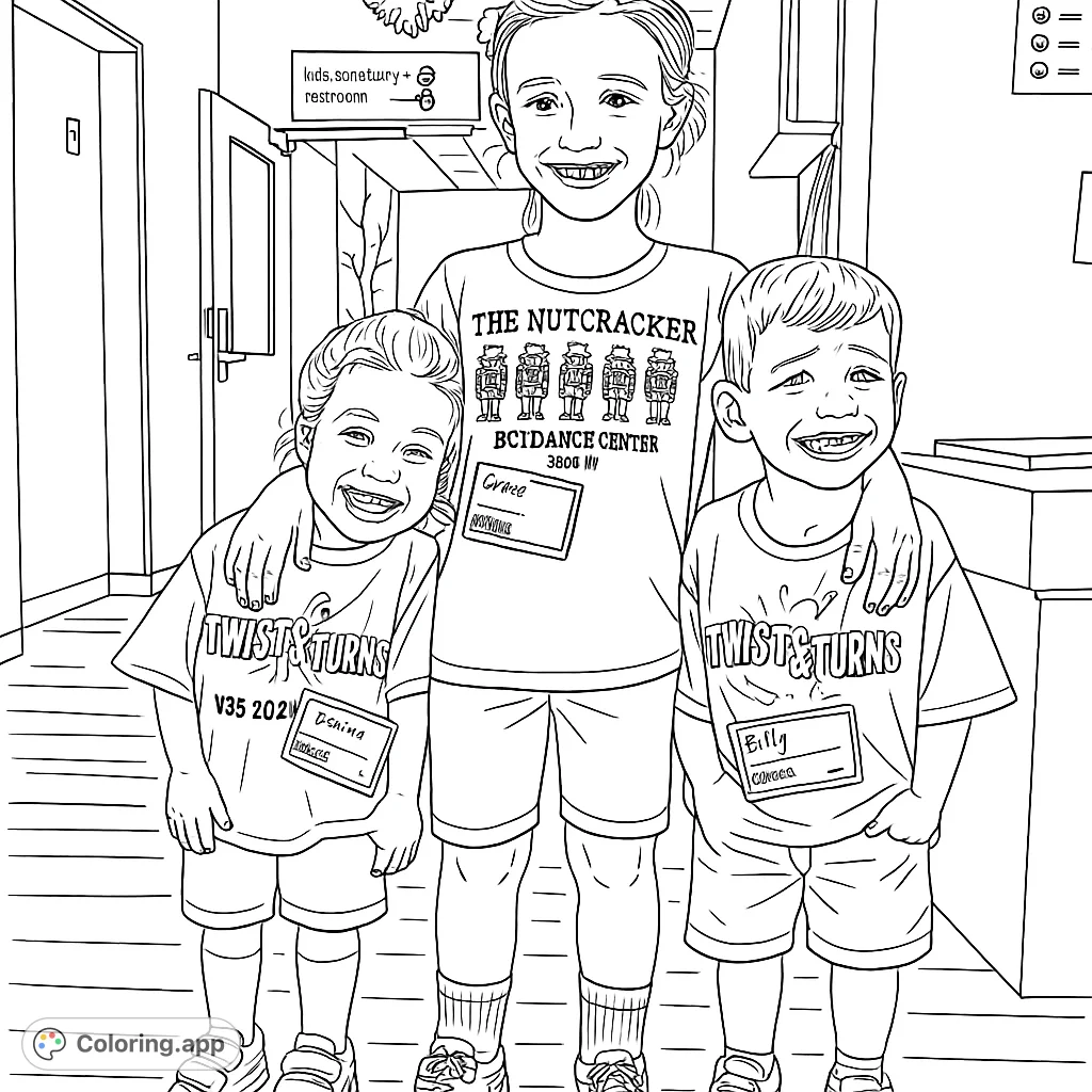 Three joyful children pose in a hallway, ready for a fun activity. Features detailed clothing, happy expressions, and a patterned background.