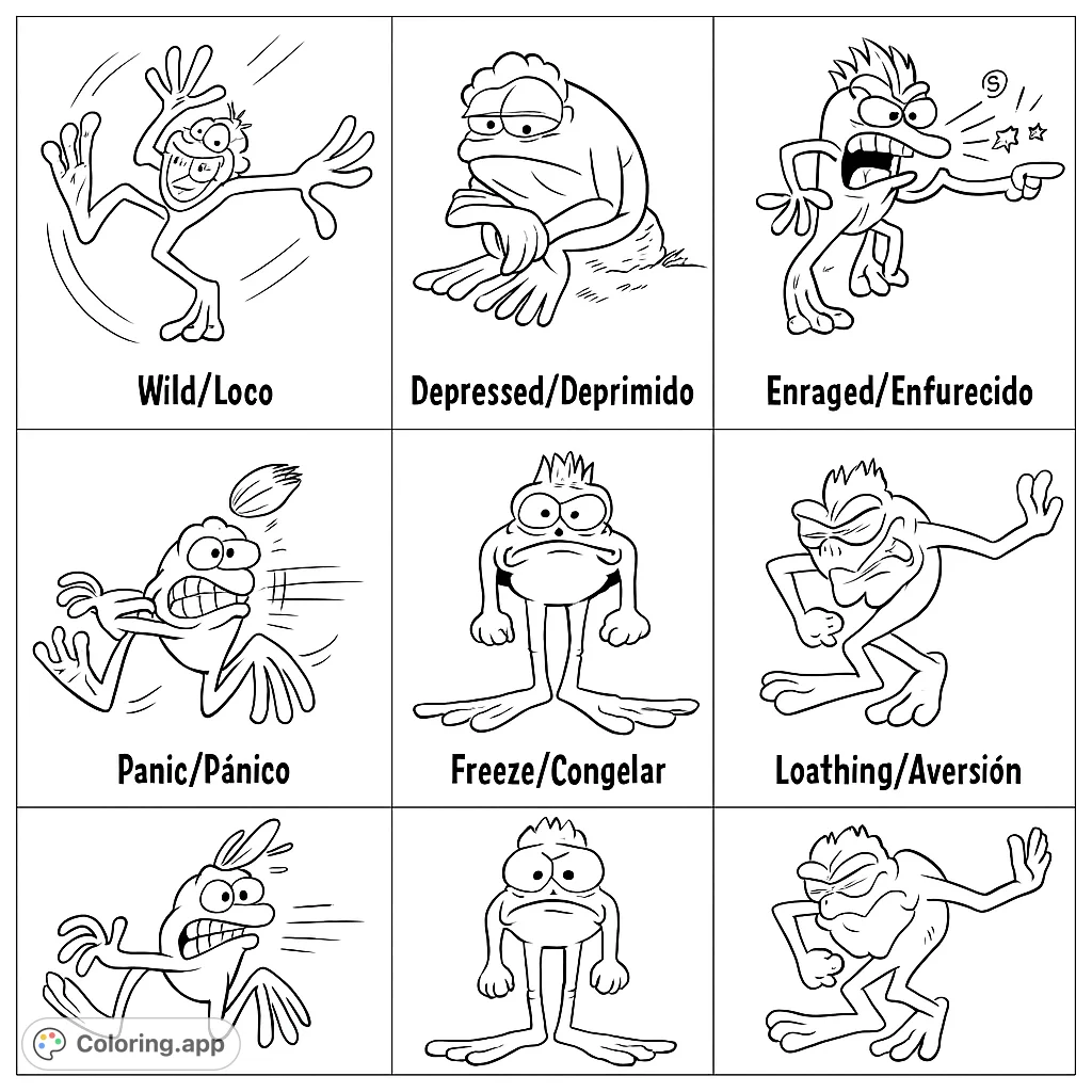 Explore six unique cartoon frogs, each vividly expressing a different emotion. A fun and educational coloring page for all ages.
