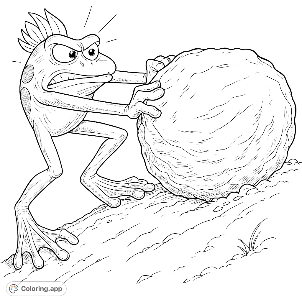 A determined frog-like creature strains to push a massive, textured boulder up a steep incline. A fun challenge for all ages.