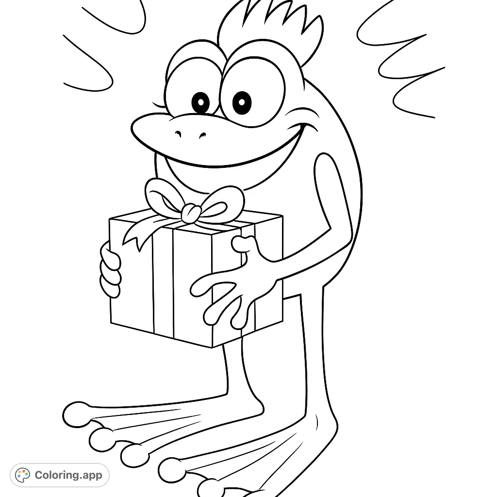 A cheerful frog holds a special gift, ready to bring joy to your coloring page. Perfect for celebrating birthdays or any happy occasion!