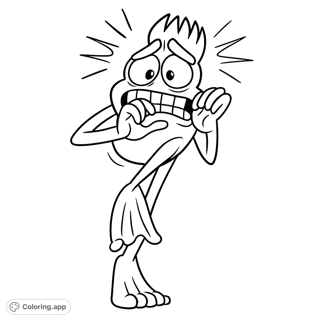 A cartoon frog-like creature with a crown, biting its nails and looking extremely nervous. A fun, expressive character for coloring.