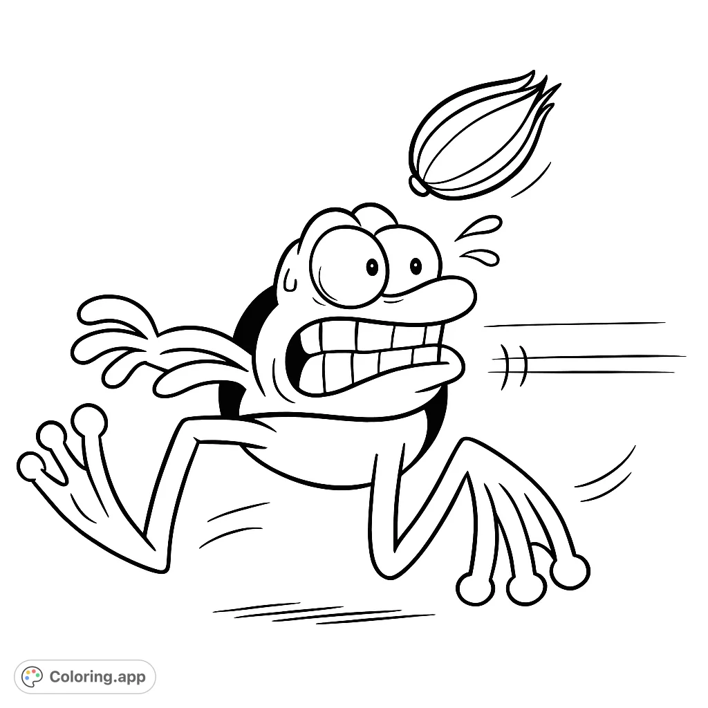 A comical frog dashes away in a panic, wide-eyed and gritting its teeth, with a mysterious object falling nearby. A fun, free printable frog coloring page!