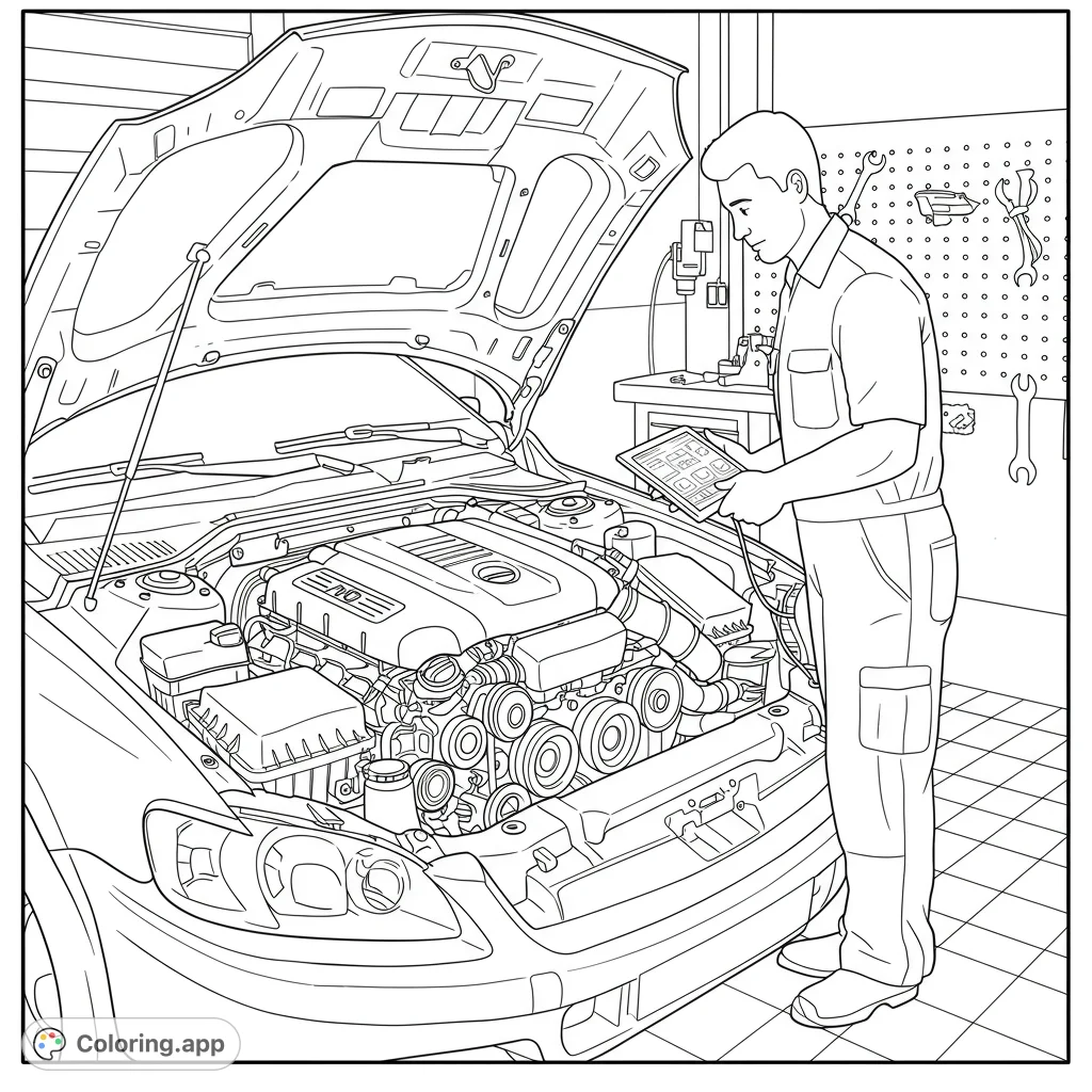 Explore a detailed mechanical shop coloring page featuring a mechanic performing an engine check with a diagnostic test. Perfect for car enthusiasts!