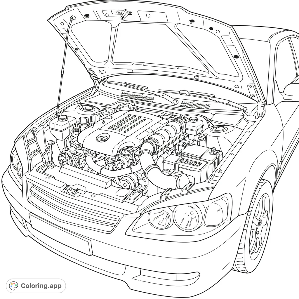 Explore a detailed car engine check coloring page, featuring a car with its hood open and a wrench, perfect for aspiring mechanics.