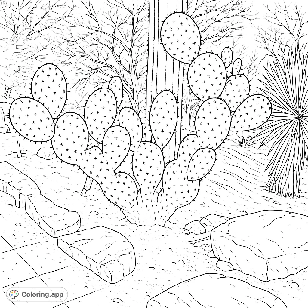 Explore a desert scene featuring a prominent prickly pear cactus with textured pads and a rocky foreground, perfect for nature-themed coloring.