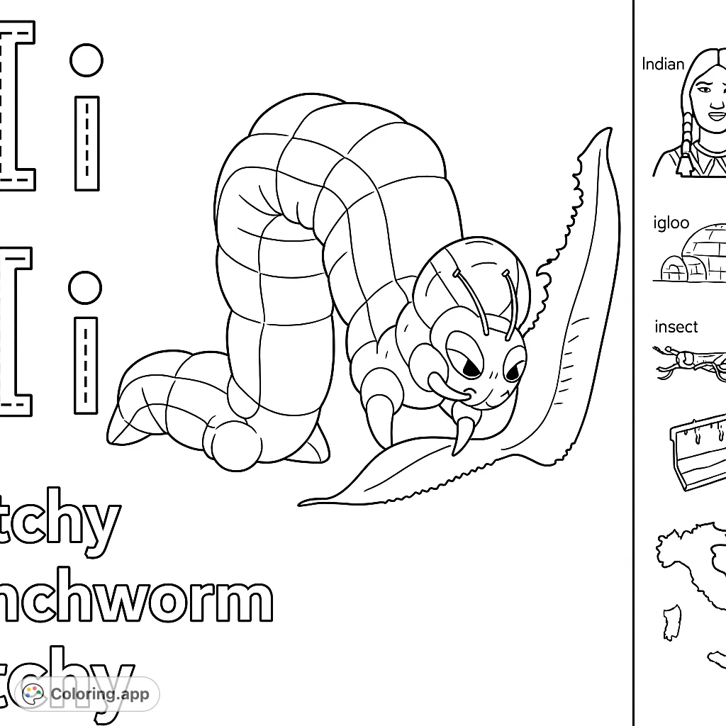 A charming inchworm with a segmented body rests on a large, partially eaten leaf, ready for vibrant colors. Perfect for nature lovers!