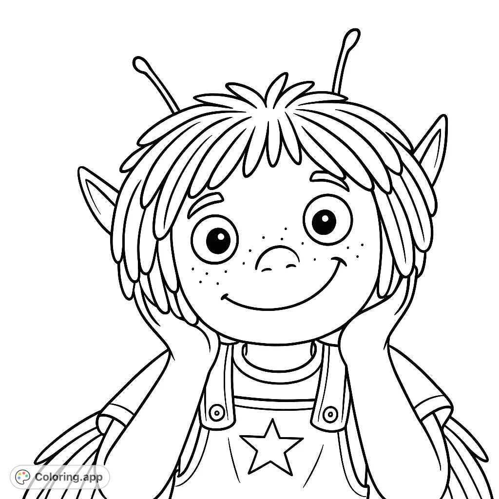 A charming cartoony alien character with big eyes and a warm smile, perfect for a fun and imaginative coloring adventure. Free printable alien character coloring page.