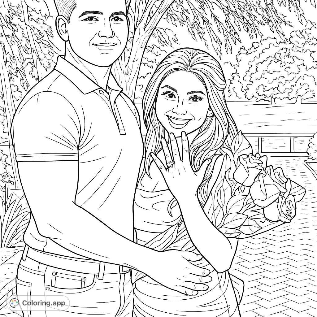 Celebrate love with this engagement coloring page featuring a happy couple, a sparkling ring, and a beautiful bouquet in a scenic park setting.
