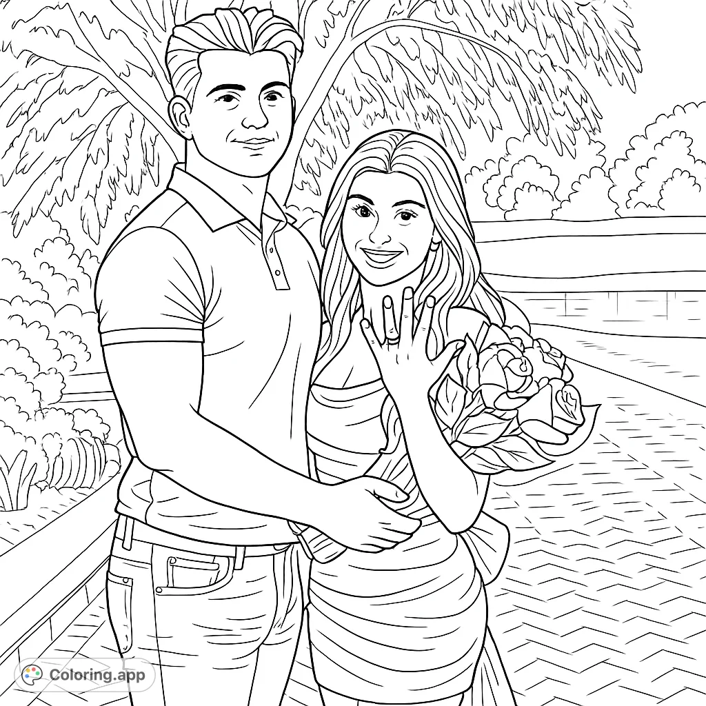 Celebrate love with this engagement scene! A happy couple embraces, showing off a beautiful ring and bouquet amidst a scenic outdoor setting.