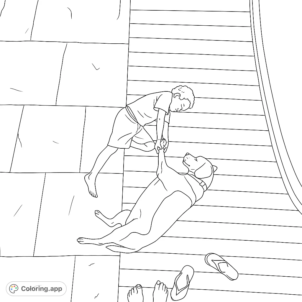 A heartwarming pet friendship coloring page featuring a child and a playful Beagle by the pool, perfect for all ages to color and enjoy.