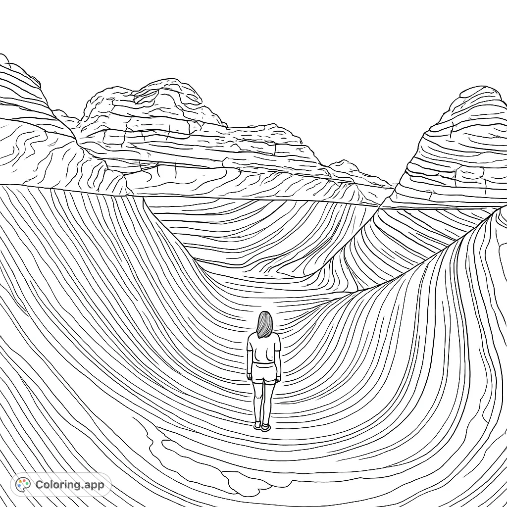 Explore a mesmerizing desert landscape with a lone figure amidst swirling, striped rock formations. A unique natural wonder awaits your creative colors.