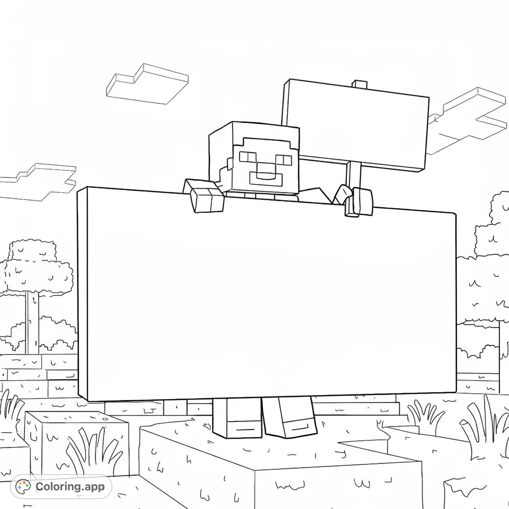 An exciting Minecraft coloring page featuring Steve holding a customizable sign, perfect for birthdays! A free printable gaming coloring page for kids and adults.