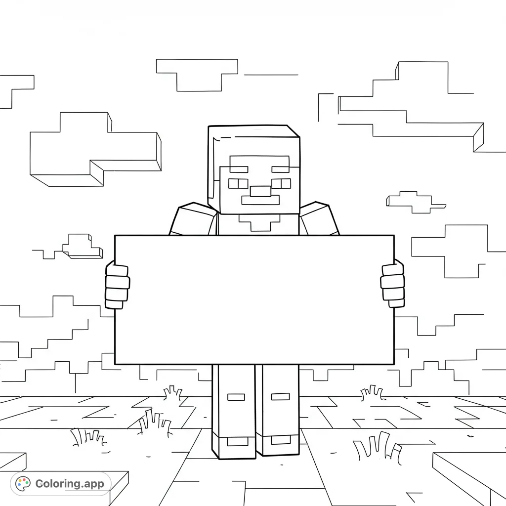 A fun Minecraft Steve coloring page featuring the iconic character holding a blank sign, perfect for personalizing with your own message. A free printable coloring page for all ages!