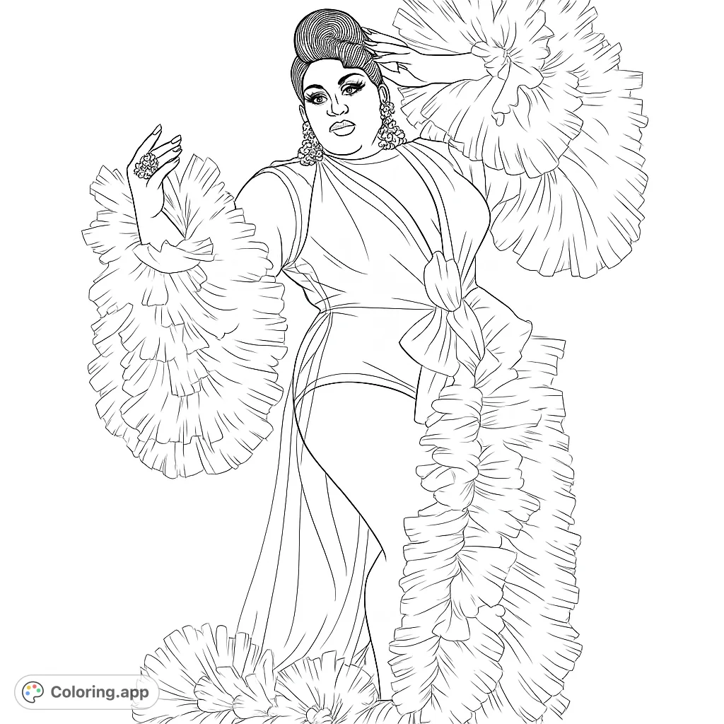 A fabulous drag queen in a voluminous ruffled gown, striking a pose. Perfect for fashion, glamour, and creative expression.